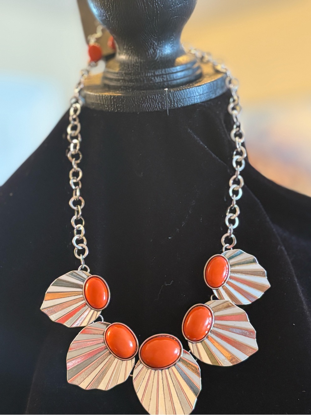 Silver Shell Statement Necklace with Orange Cabochons